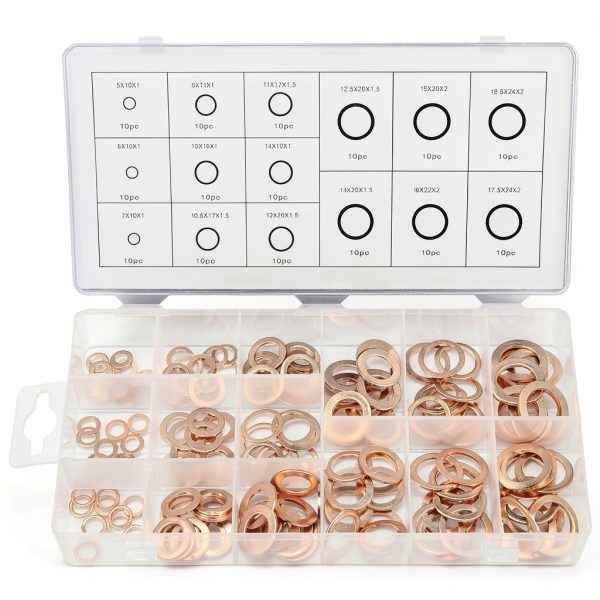 Toolwiz 150PCS 15 Sizes Copper Washers Metric Sealing Assortment Set M17.5-M5 Flat Ring Sump Plug Crush Washer Oil Drain Plug Gasket Seal Assortment Set M5/6/7/8/10/10.5/11/12/12.5/14/15/16/16.5/17.5-0