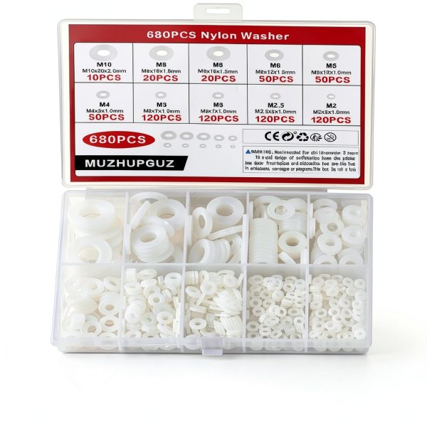 680 Pcs White Nylon Washers for Bolts, Plastic Flat Washers for Screws, White 7 Sizes Assorted Hardware Assortment Kit, Nylon Sealing Washers Gaskets Spacer, M2.5 M3 M4 M5 M6 M8 M10-0