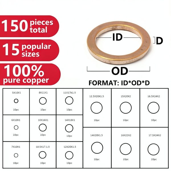 Toolwiz 150PCS 15 Sizes Copper Washers Metric Sealing Assortment Set M17.5-M5 Flat Ring Sump Plug Crush Washer Oil Drain Plug Gasket Seal Assortment Set M5/6/7/8/10/10.5/11/12/12.5/14/15/16/16.5/17.5-1