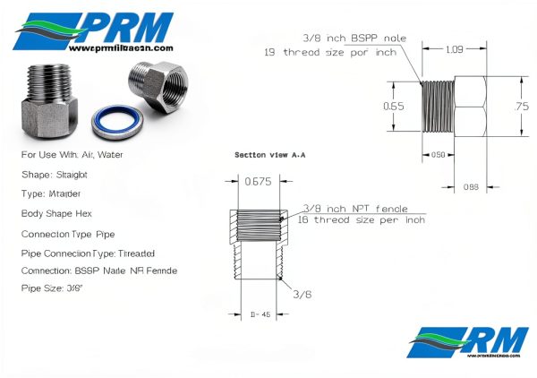 Stainless Steel Adapter 3/8 Inch NPT Female x 3/8 Inch BSPP Male with Sealing Washer, Zinc-Plated Steel Washer with Buna-N Seal, Max Pressure 3700 PSI, Temperature Range -30°F to 200°F-5